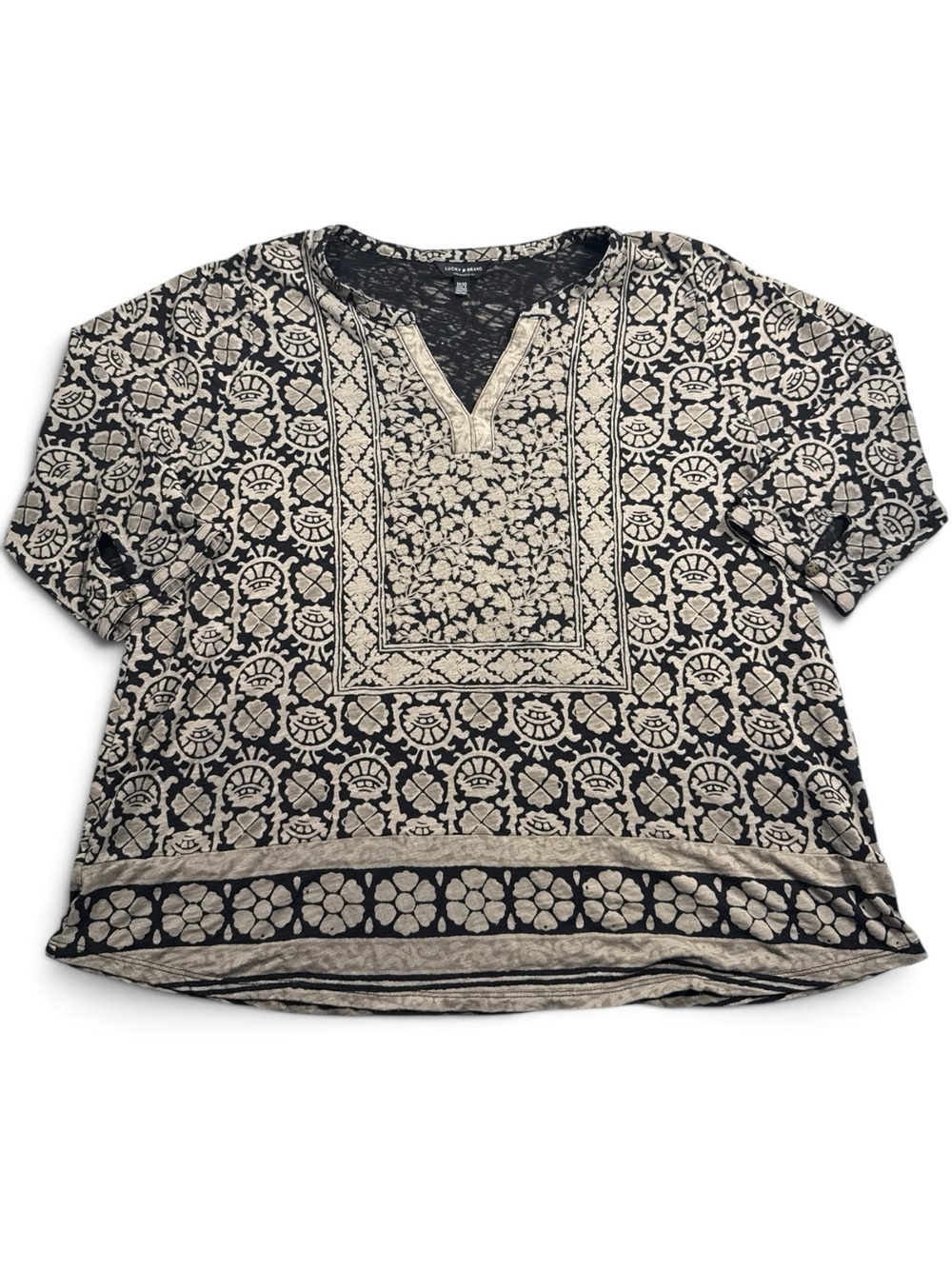 Lucky Brand 1X Cotton Modal Black & Cream Floral Flowy Split-Neck Tunic